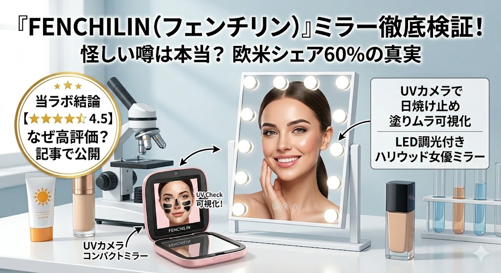 FENCHILIN（フェンチリン）ミラーの検証画像。左側にUVカメラ付きコンパクトミラー、右側にLED調光付きハリウッド女優ミラーが配置され、中央には「なぜ高評価？記事で公開」という検証結果のバッジが表示されている様子