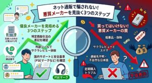 記事内で解説されている「優良メーカーを見極める3つのステップ」を視覚的に分かりやすく表現するため、画像を左右で対比させています。 左側（緑色）： 正しい手順を踏んで安全なメーカーを見極める「安心・信頼」のイメージ。 右側（赤色）： 粗悪品や偽物、サクラレビューといった悪質業者の「危険・トラブル」のイメージ。