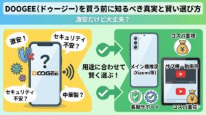 DOOGEE製品の購入を検討している人向けに、価格の安さとセキュリティ不安を対比させ、用途に応じた賢い選び方を提案するインフォグラフィック画像。 画像の左側は黄色い背景で、DOOGEEロゴ（公式風のオレンジと黒の文字）と大きな「？」マークが表示されたスマートフォンが中央に配置されている。その周囲には、セキュリティ不安を示す赤いバツ印の付いた盾、ウイルスアイコン、データ漏洩を示す電波アイコンが描かれている。さらに、「激安！」「セキュリティ不安？」「中華製？」といった吹き出しテキストが配置され、読者の懸念を表現している。 右側は緑色の背景で、代替案と比較が示されている。左側には大手メーカー（Xiaomi等）を象徴する高品質なスマートフォンが置かれ、その上に「メイン機推奨（Xiaomi等）」、下に「安心・安全」（緑色のチェックマーク付きの盾）と「長期サポート」のアイコンが配置されている。右側にはYouTube風の再生画面（赤い再生ボタン付き）が表示されたタブレットが置かれ、その上に「サブ機・動画用」、下に「コスパ重視」のアイコンが配置されている。 画像の最上部には、明るい緑色のグラデーション背景に、大きな白い太字で「DOOGEE（ドゥージー）を買う前に知るべき真実と賢い選び方」というタイトルテキスト、その下に小さな白いテキストで「激安だけど大丈夫？」というサブタイトルが配置されている。 左側から右側へ向かう大きな矢印と緑色のチェックマークが、結論を強調する役割を果たしており、中央には「用途に合わせて賢く選ぶ！」というテキストが配置され、画像全体が直感的で信頼性の高い、ブログ投稿の導入として機能するようにデザインされている。全体的にフラットでモダンなイラストスタイルで、清潔感とわかりやすさを重視した色使いになっている。