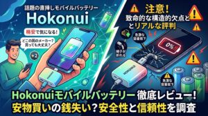 Hokonuiモバイルバッテリーの評判と安全性を検証するブログ記事のアイキャッチ画像。画面左側には格安の直挿しモバイルバッテリーに興味を持つ男性のイラスト、右側には「0%」と表示されたスマートフォンの画面と折れ曲がった端子のイラストが描かれ、メリットとリスクの対比を表現している。