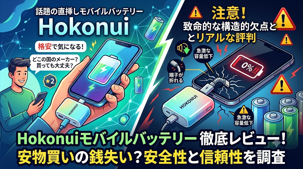 Hokonuiモバイルバッテリーの評判と安全性を検証するブログ記事のアイキャッチ画像。画面左側には格安の直挿しモバイルバッテリーに興味を持つ男性のイラスト、右側には「0%」と表示されたスマートフォンの画面と折れ曲がった端子のイラストが描かれ、メリットとリスクの対比を表現している。