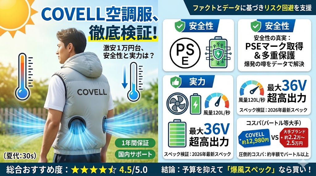 記事のアイキャッチ画像。「COVELL空調服、徹底検証！」のタイトルと、空調ベストを着用して涼んでいる男性のイラスト。右側には「安全性（PSEマーク）」「実力（最大36V超高出力）」「コスパ（バートル等大手と比較）」の3つの検証ポイントと結論がまとめられている。