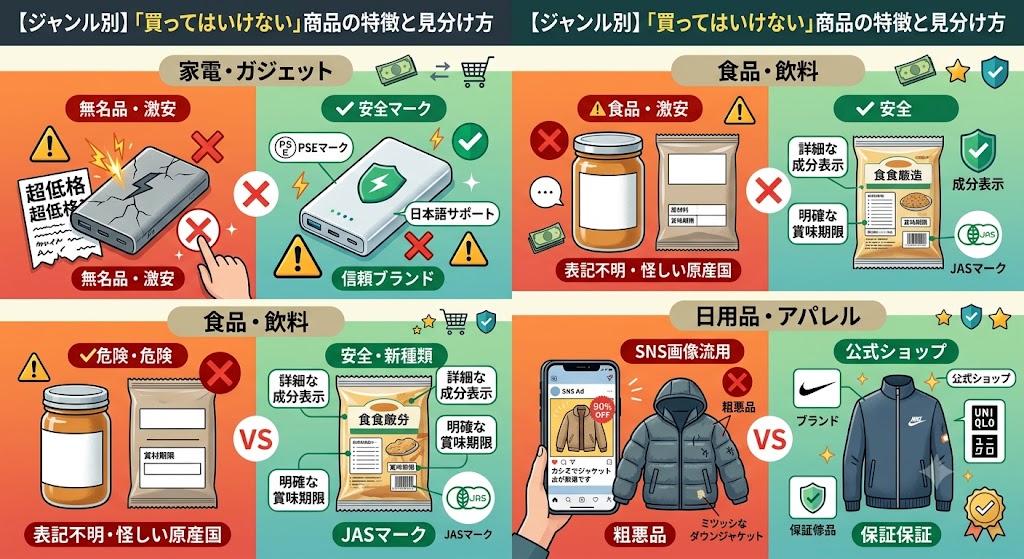 は私が日常的にネット通販で購入する「家電・ガジェット」「食品・飲料」「日用品・アパレル」の3つのジャンルに焦点を当て、特に注意すべき地雷商品の特徴と見分け方を具体的に解説しています