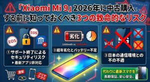 2026年に中古のXiaomi Mi 9購入を検討する際のリスクと、最新スマホを推奨する比較画像。