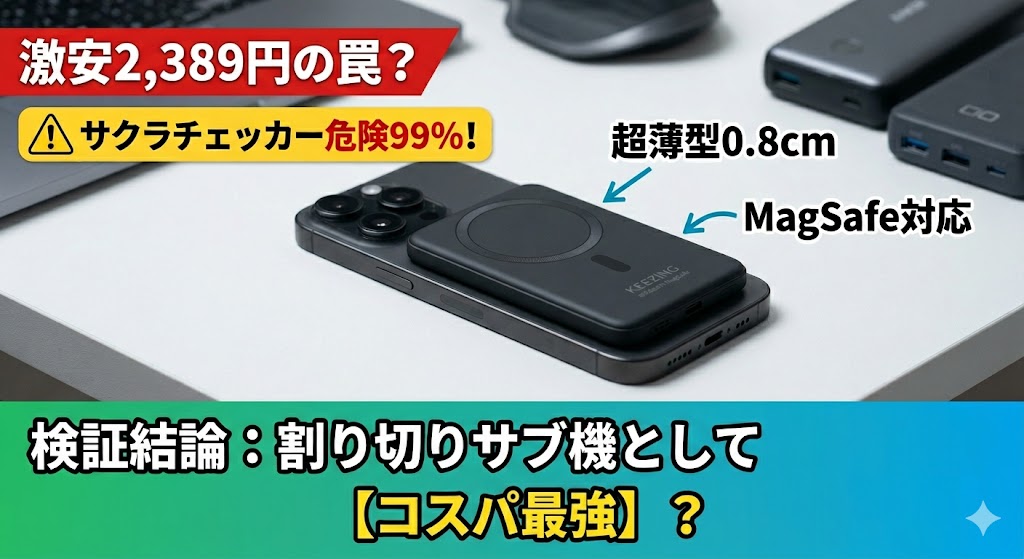 スマートフォン（iPhone）の背面に磁石で吸着している超薄型の黒いKEEZINGモバイルバッテリーの製品写真。画像内には「激安2,389円の罠？」「サクラチェッカー危険99%！」「超薄型0.8cm」「MagSafe対応」「検証結論：割り切りサブ機として【コスパ最強】？」というレビュー記事のキャッチコピーが記載されています。