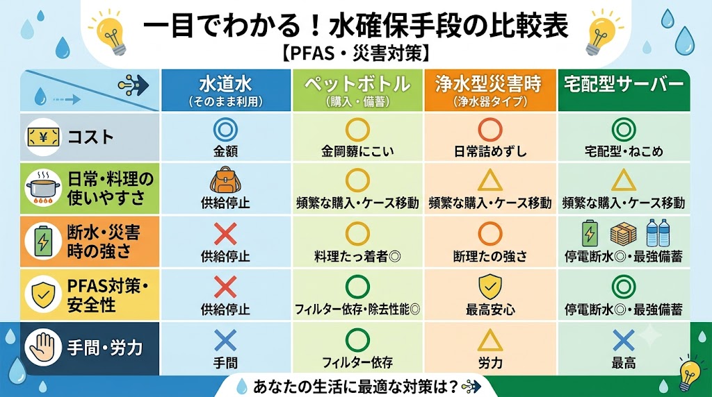 視覚障害者向けのスクリーンリーダー等で、表の内容を正確に伝えるためのテキストです。

「一目でわかる！水確保手段の比較表 【PFAS・災害対策】」のタイトルと、各手段の評価が記載された表のイラスト画像。

【比較の基準（行）】

コスト（円アイコン）

日常・料理の使いやすさ（鍋アイコン）

断水・災害時の強さ（バッテリーアイコン）

PFAS対策・安全性（盾アイコン）

手間・労力（手アイコン）

【各手段の評価結果（列）】

1. 水道水（そのまま利用）: コストと手間は◎、日常・料理は△（供給停止）、災害時とPFAS対策は×（供給停止）。

2. ペットボトル（購入・備蓄）: コスト、災害時、PFAS対策は○。日常・料理は△（頻繁な購入・ケース移動）。手間は×。

3. 浄水型サーバー（浄水器タイプ）: コスト、日常・料理、PFAS対策は○（最高安心）。災害時は△（断水に弱い）。手間は○。

4. 宅配型サーバー: コストは△（従量コスト）。日常・料理は○（最高安全性）。災害時とPFAS対策は◎（最強備蓄、完全排除）。手間は△（ボトル交換あり）。