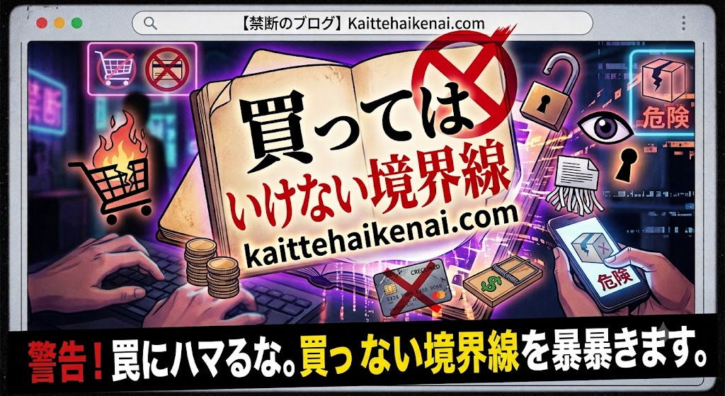 「買ってはいけない境界線」というブログタイトルが中央の開いた本に大きく書かれた、キャッチーでミステリアスなWebサイト風のアイキャッチ画像。背景には、炎上するショッピングカート、警告マーク、鍵、スマートフォンの画面、クレジットカードなどのイラストが散りばめられており、下部には「警告！罠にハマるな。買わない境界線を暴きます。」という黄色と白の太文字のキャッチコピーが黒い帯の中に配置されています。