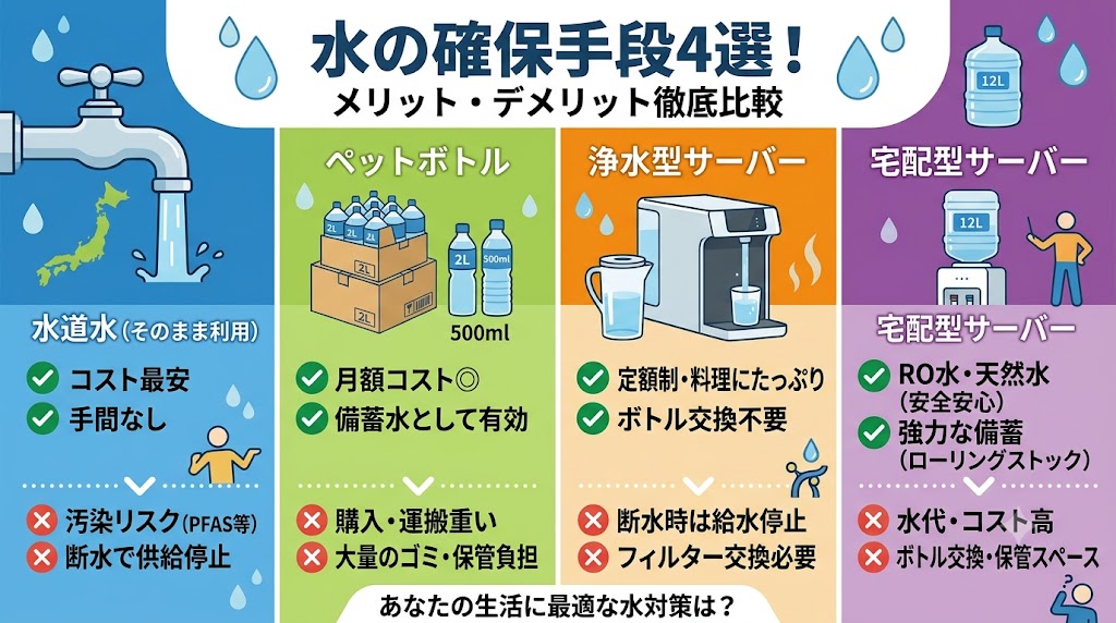 「水の確保手段4選！メリット・デメリット徹底比較」と題されたインフォグラフィック画像。水道水（そのまま利用）、ペットボトル、浄水型ウォーターサーバー、宅配型ウォーターサーバーの4つの手段を比較。

【比較項目と評価（メリット✅/デメリット❌）】

水道水 (そのまま利用): ✅コスト最安、✅手間なし。❌汚染リスク (PFAS等)、❌断水で供給停止。

ペットボトル: ✅月額コスト◎、✅備蓄水として有効。❌購入・運搬重い、❌大量のゴミ・保管負担。

浄水型サーバー: ✅定額制・料理にたっぷり、✅ボトル交換不要。❌断水時は給水停止、❌フィルター交換必要。

宅配型サーバー: ✅RO水・天然水 (安全安心)、✅強力な備蓄 (ローリングストック)。❌水代・コスト高、❌ボトル交換・保管スペース。

【フッター】
「あなたの生活に最適な水対策は？」という問いかけ。