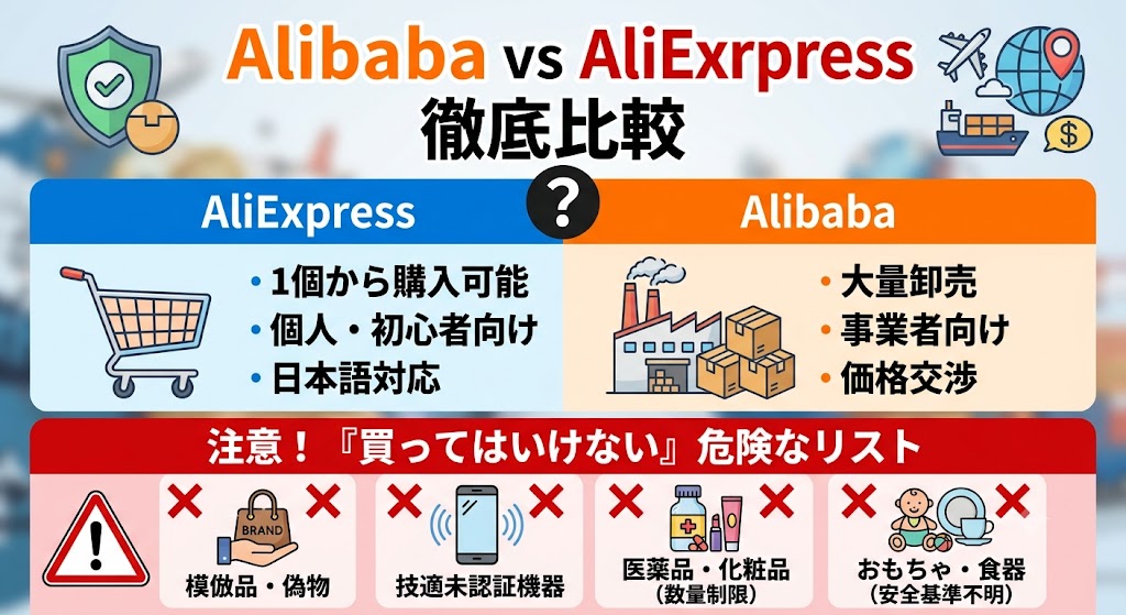 AlibabaとAliExpressの徹底比較と個人輸入の注意点をまとめたアイキャッチ画像。AliExpress(個人向け・1個から)とAlibaba(事業者向け・大量卸売)の違いや、模倣品・技適未認証機器・医薬品など「買ってはいけない危険な商品リスト」をイラストで解説しています。
