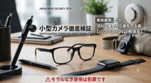 木製デスクの上に、スマートグラス、ペン型カメラ、スマートウォッチ型カメラ、クリップオンカメラなどの様々なスパイカメラデバイスが配置されたオフィス環境の広告/記事ヘッダー画像。画像上部には「JAPAN MADE SECURITY TECH」という英語テキスト。中央左には「小型カメラ徹底検証」と「SMALL CAMERA THOROUGH VERIFICATION」というテキストと小さな虫眼鏡アイコン。右側には「悪用厳禁。だが、深刻な被害から身を守る盾。【パワハラ・DV証拠保全】」というテキストボックスがあり、近くにシールドアイコンがある。画像下部には赤色で「⚠ モラルなき使用は犯罪です」という警告テキストがある。中央には黒いフレームのスマートグラス、前景にはスマートウォッチとペン、中景右にはバッグに取り付けられた小型クリップオンカメラ、背景には観葉植物と壁掛けの煙探知機が見える。