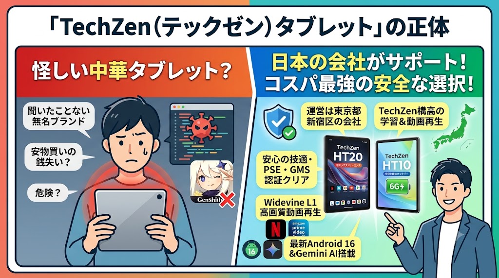 「TechZenタブレットの正体」をテーマにしたブログのアイキャッチ画像。左側には「怪しい中華タブレット？」という疑問と悩む男性、右側には「日本の会社がサポート！安全な選択肢！」という結論と笑顔の男性、および「HT20」「HT10」の製品画像が対比で描かれている。