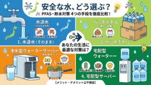 「安全な水、どう選ぶ？PFAS・断水対策4つの手段を徹底比較！」のタイトルと、水道水（そのまま）、ペットボトル、浄水型ウォーターサーバー、宅配型ウォーターサーバーの4つの選択肢を図解で比較したイラスト画像