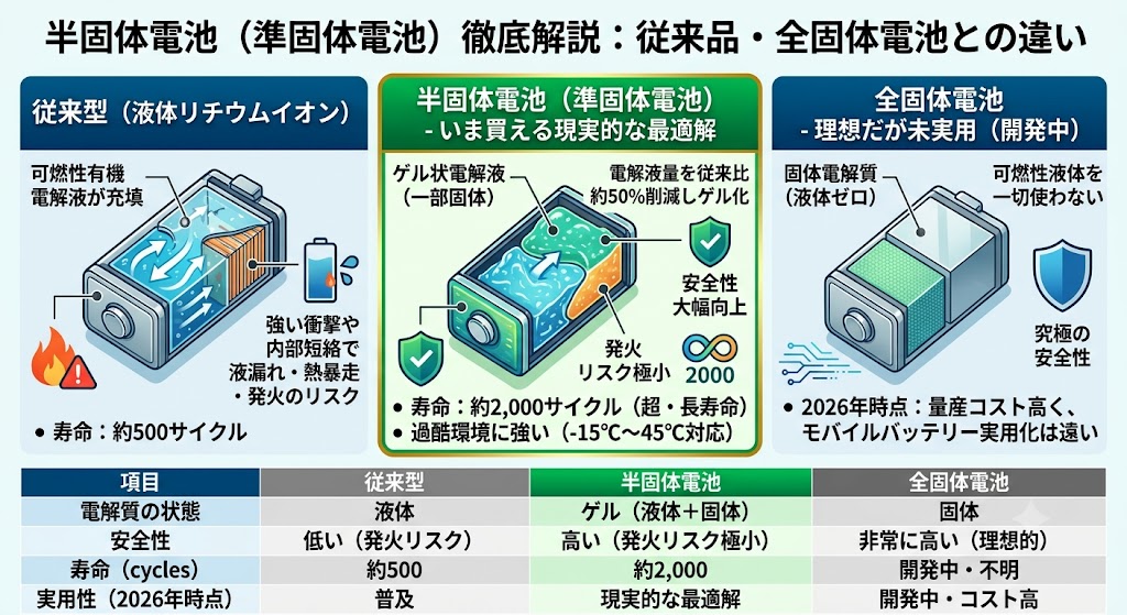 「半固体電池 徹底解説:従来品・全固体電池との違い」の比較図解。発火リスクがあり寿命500サイクルの「従来型(液体)」、高い安全性と寿命2000サイクルを両立した「半固体電池(ゲル状)」、理想的だが未実用の「全固体電池(固体)」の3構造と特徴の比較表。