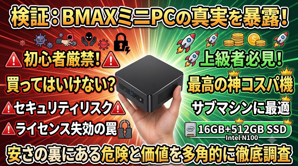 BMAXミニPCの賛否両論を検証するサムネイル画像。中心にBMAXのロゴが入った小型PCを持つ手があり、その左側の赤背景には「検証:BMAXミニPCの真実を暴露!」、「初心者厳禁!」、「買ってはいけない?」、「セキュリティリスク」、「ライセンス失効の罠」といった警告テキストが並ぶ。右側の緑背景には「上級者必見!」、「最高の神コスパ機」、「スペック:16GB+512GB SSD Intel N100」という推奨とスペック情報が書かれている。下部には全体として「安さの裏にある危険と価値を多角的に徹底調査」というテキストがある。