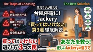 台風停電時のポータブル電源選びを解説するブログ用のアイキャッチ画像。左右で「選ぶ罠（暗い暴風雨）」と「正しい解決策（明るい室内）」が対比されている。中央のメインタイトルは「防災ラボが教える 台風停電に！ Jackery『買ってはいけない』罠3選 徹底解説」。左側には「買ってはいけない選び方 3つの罠（家電の計算不足、重視しがちな重さ、安全性と寿命）」、右側には「あなたを救う！正しいJackeryの選び方」の文字と、片手でポータブル電源を持つ女性のイラスト、中央下部にはロゴなしのポータブル電源が2台配置されている。