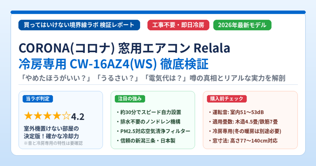 【工事不要】コロナ窓用エアコンRelala CW-16AZ4(WS)を徹底評価！デメリット・電気代・やめたほうがいい噂の真相