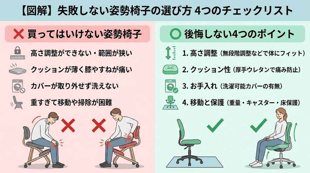 NGな姿勢椅子の特徴（調整不可・薄いクッション・洗えないカバー・重い）と、後悔しない選び方4つのチェックポイント（高さ調整・厚手クッション・洗えるカバー・キャスターと床保護）を左右で対比解説した図解画像