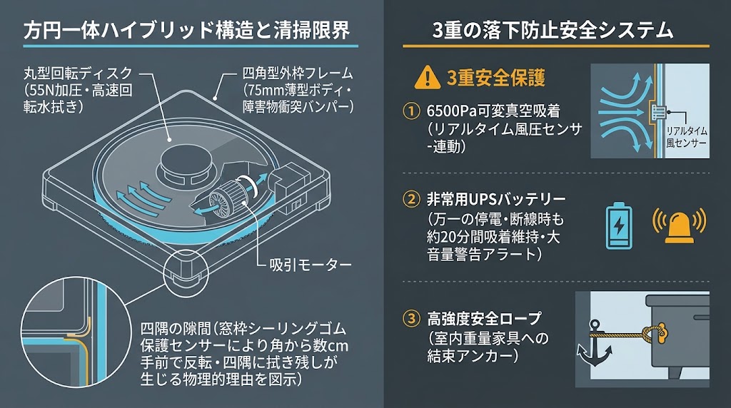 HUTT10のハイブリッド清掃構造と四隅拭き残しメカニズム・3重落下防止安全センサーを図解したインフォグラフィック
