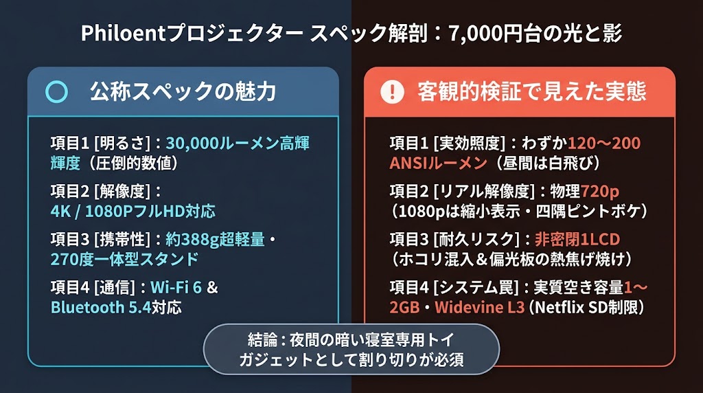 Philoentプロジェクターの公称スペック（30000LM・4K）と実効スペック（150ANSI・720p・偏光板焼けリスク）を対比したスペック解剖インフォグラフィック