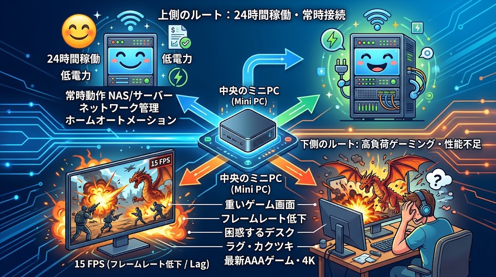 GMKtec G11を常時稼働サーバーとして活用した場合と一般PCとして購入した場合の満足度分岐シナリオ図