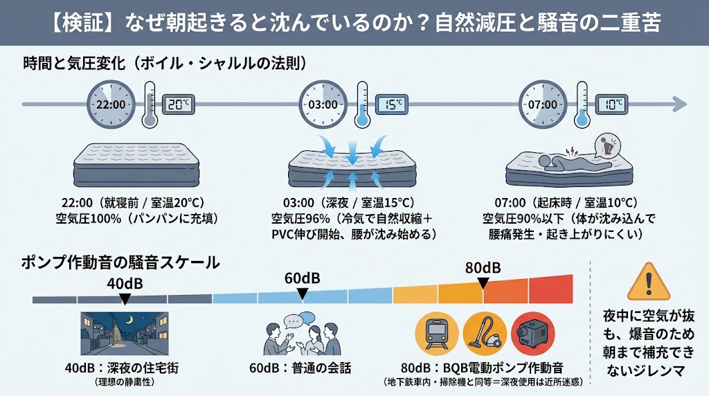夜間の気温低下によるエアーベッドの自然減圧(ボイル・シャルルの法則)と電動ポンプの騒音レベル(80dB)を整理したタイムライン図解