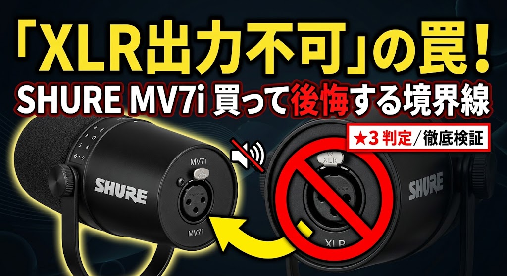 SHURE MV7iスマートマイクロホンの外観とXLR入力専用端子の注意点を示すアイキャッチ画像