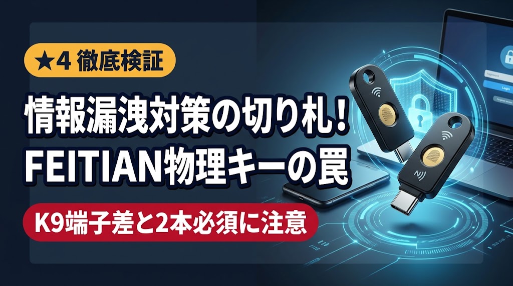 情報漏洩対策に注目のFEITIAN物理セキュリティキー(ePass K40・K9)の徹底検証アイキャッチ画像。K9の端子差と2本必須の注意点を解説