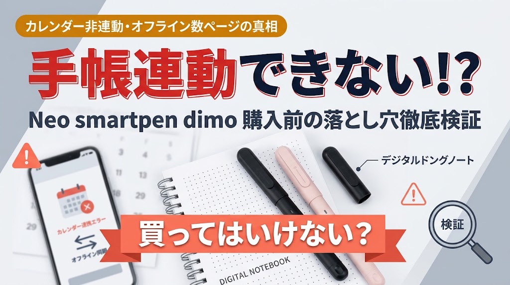 中央に大きく『買ってはいけない?』の警告文字と、Neo smartpen dimoおよび専用ノートが並ぶアイキャッチ画像