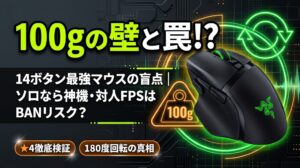 黒を基調とした近未来的なサイバーパンク空間に配置された多機能エルゴノミクスゲーミングマウス「Razer Basilisk V4 Pro」と100gの重量警告アイコンが並ぶアイキャッチ画像